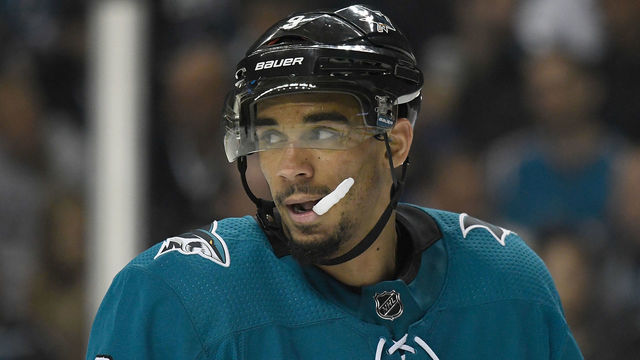 SAN JOSE, CA - APRIL 18: Evander Kane #9 of the San Jose Sharks looks on against the Anaheim Ducks during the third period in Game Four of the Western Conference First Round during the 2018 NHL Stanley Cup Playoffs at SAP Center on April 18, 2018 in San Jose, California.