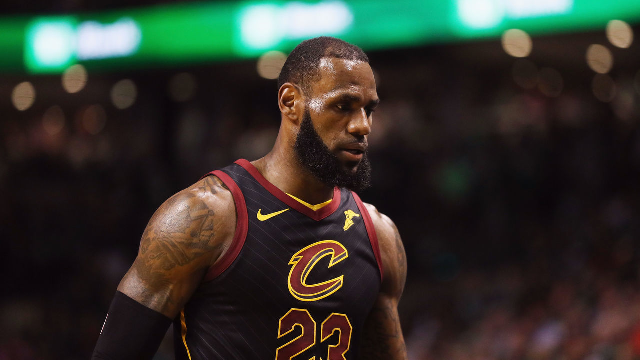 BOSTON, MA - MAY 23: LeBron James #23 of the Cleveland Cavaliers reacts in the first half against the Boston Celtics during Game Five of the 2018 NBA Eastern Conference Finals at TD Garden on May 23, 2018 in Boston, Massachusetts.