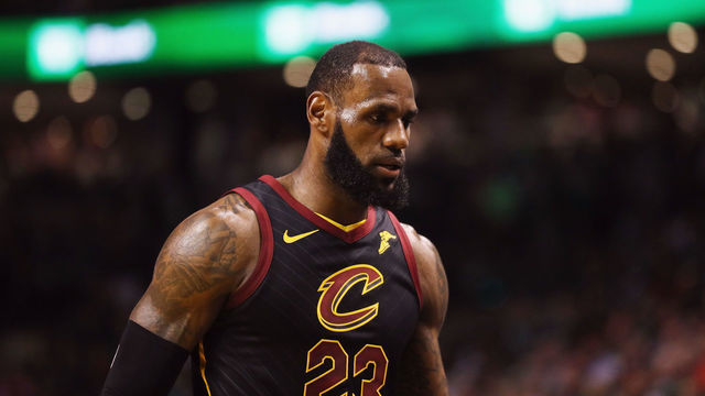 BOSTON, MA - MAY 23: LeBron James #23 of the Cleveland Cavaliers reacts in the first half against the Boston Celtics during Game Five of the 2018 NBA Eastern Conference Finals at TD Garden on May 23, 2018 in Boston, Massachusetts.