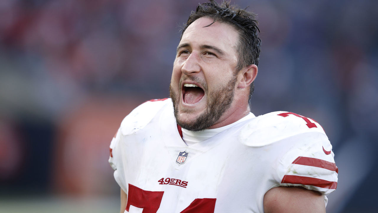 CHICAGO, IL - DECEMBER 03: Joe Staley #74 of the San Francisco 49ers reacts after the 49ers defeated the Chicago Bears 15-14 at Soldier Field on December 3, 2017 in Chicago, Illinois.