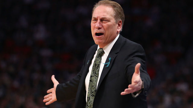 DETROIT, MI - MARCH 18: Head coach Tom Izzo of the Michigan State Spartans reacts during the first half against the Syracuse Orange in the second round of the 2018 NCAA Men's Basketball Tournament at Little Caesars Arena on March 18, 2018 in Detroit, Michigan.