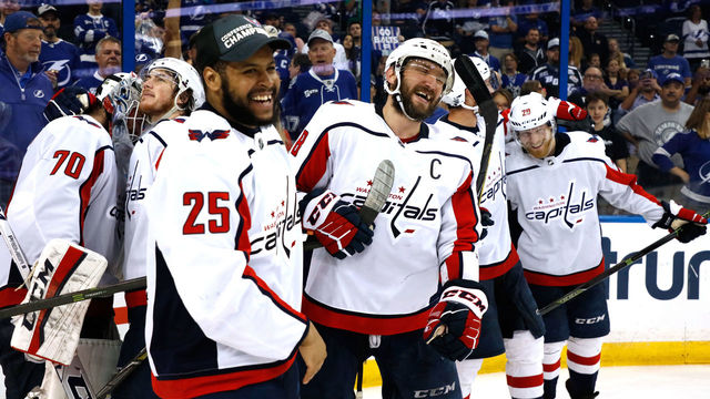 TAMPA, FL - MAY 23: Alex Ovechkin #8 of the Washington Capitals celebrates with his teammates after defeating the Tampa Bay Lightning in Game Seven of the Eastern Conference Finals during the 2018 NHL Stanley Cup Playoffs at Amalie Arena on May 23, 2018 in Tampa, Florida. The Washington Capitals defeated the Tampa Bay Lightning with a score of 4 to 0.
