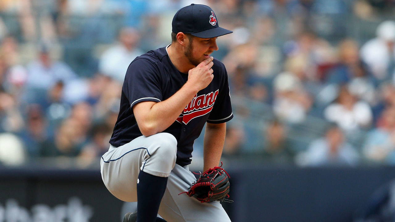 NEW YORK, NY - MAY 05: Trevor Bauer #47 of the Cleveland Indians reacts on the mound after giving up a second walk in the fifth inning against the New York Yankees at Yankee Stadium on May 5, 2018 in the Bronx borough of New York City.