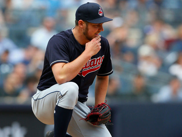 NEW YORK, NY - MAY 05: Trevor Bauer #47 of the Cleveland Indians reacts on the mound after giving up a second walk in the fifth inning against the New York Yankees at Yankee Stadium on May 5, 2018 in the Bronx borough of New York City.