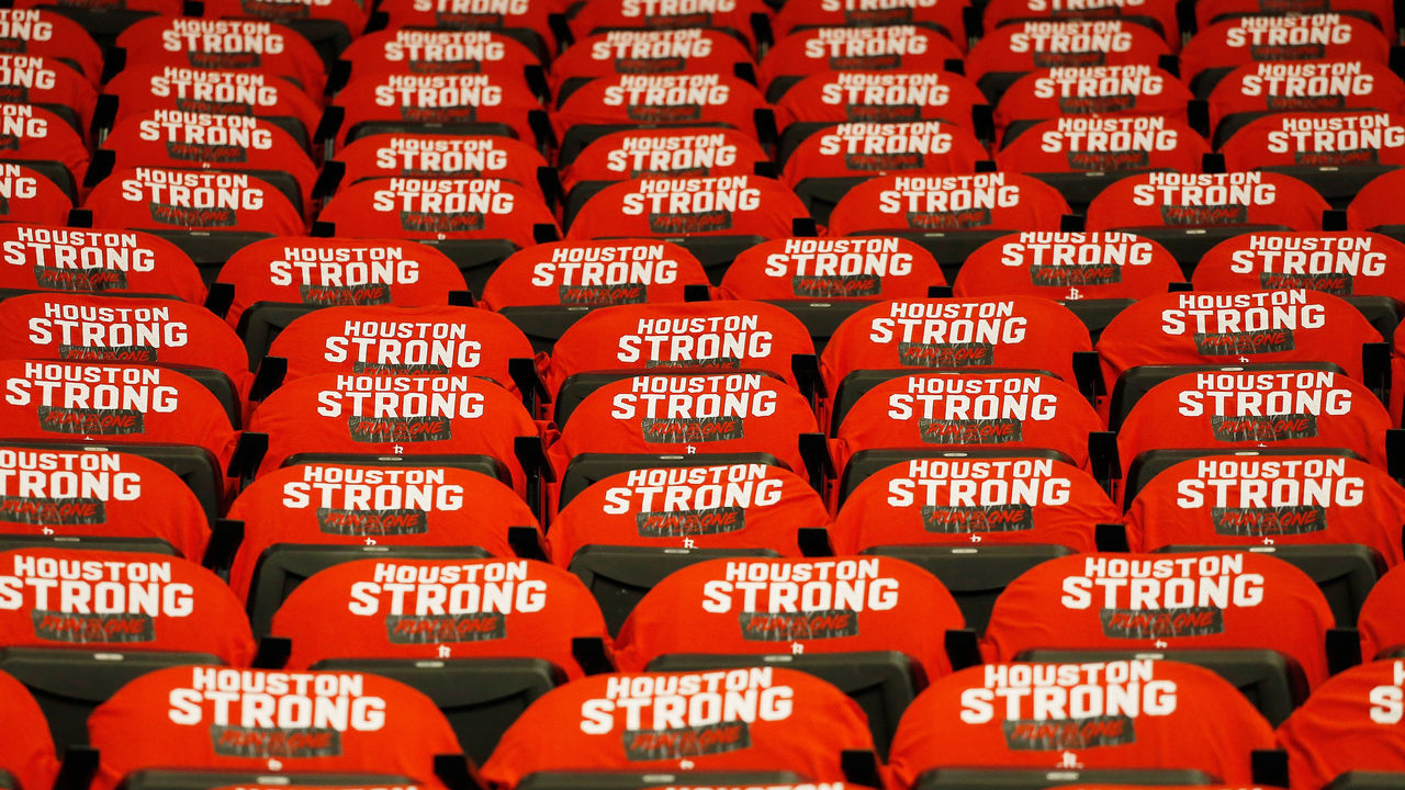 HOUSTON, TX - MAY 24: Shirts are displayed on seats prior to Game Five of the Western Conference Finals of the 2018 NBA Playoffs between the Houston Rockets and the Golden State Warriors at Toyota Center on May 24, 2018 in Houston, Texas.