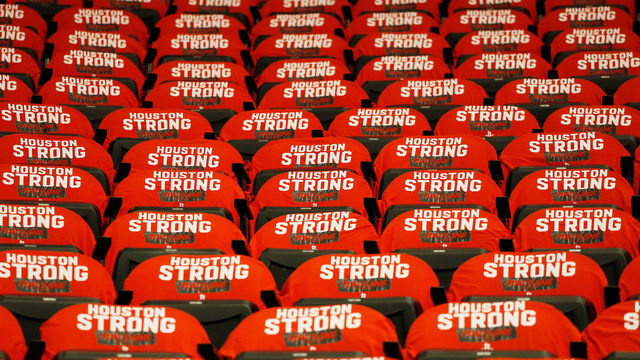 HOUSTON, TX - MAY 24: Shirts are displayed on seats prior to Game Five of the Western Conference Finals of the 2018 NBA Playoffs between the Houston Rockets and the Golden State Warriors at Toyota Center on May 24, 2018 in Houston, Texas.
