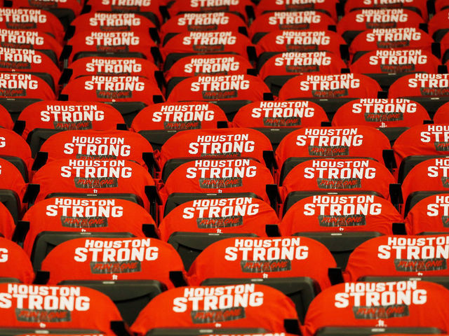 HOUSTON, TX - MAY 24: Shirts are displayed on seats prior to Game Five of the Western Conference Finals of the 2018 NBA Playoffs between the Houston Rockets and the Golden State Warriors at Toyota Center on May 24, 2018 in Houston, Texas.