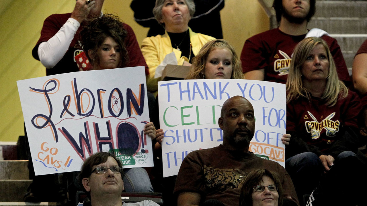 CLEVELAND - OCTOBER 27: Fans of the Cleveland Cavaliers hold up signs expressing their thoughts about LeBron James while playing the Boston Celtics at Quicken Loans Arena on October 27, 2010 in Cleveland, Ohio.