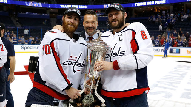 TAMPA, FL - MAY 23: Alex Ovechkin #8 and Braden Holtby #70 of the Washington Capitals pose with the Prince of Wales Trophy after defeating the Tampa Bay Lightning in Game Seven of the Eastern Conference Finals during the 2018 NHL Stanley Cup Playoffs at Amalie Arena on May 23, 2018 in Tampa, Florida. The Washington Capitals defeated the Tampa Bay Lightning with a score of 4 to 0.