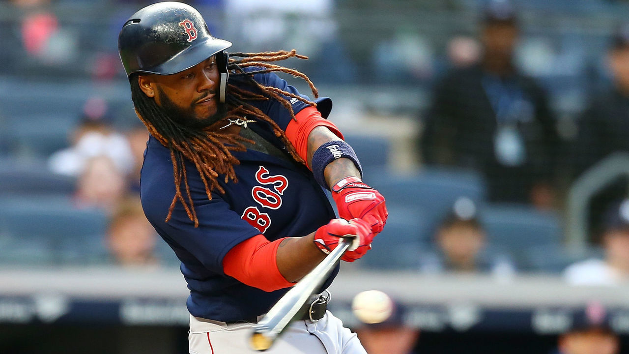 NEW YORK, NY - MAY 10: Hanley Ramirez #13 of the Boston Red Sox grounds out to short to score Mookie Betts #50 in the first inning against the New York Yankees at Yankee Stadium on May 10, 2018 in the Bronx borough of New York City.