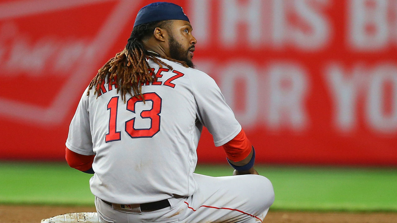 NEW YORK, NY - MAY 08: Hanley Ramirez #13 of the Boston Red Sox reacts after Xander Bogaerts #2 hit into a double play in the eighth inning against the New York Yankees at Yankee Stadium on May 8, 2018 in the Bronx borough of New York City.