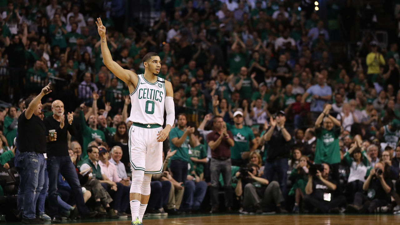 BOSTON, MA - MAY 23: Jayson Tatum #0 of the Boston Celtics gestures in the first half against the Cleveland Cavaliers during Game Five of the 2018 NBA Eastern Conference Finals at TD Garden on May 23, 2018 in Boston, Massachusetts.
