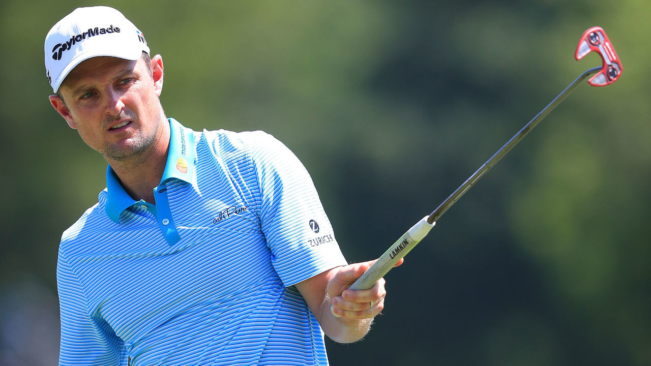 FORT WORTH, TX - MAY 25: Justin Rose of England reacts after a putt on the sixth green during round two of the Fort Worth Invitational at Colonial Country Club on May 25, 2018 in Fort Worth, Texas.