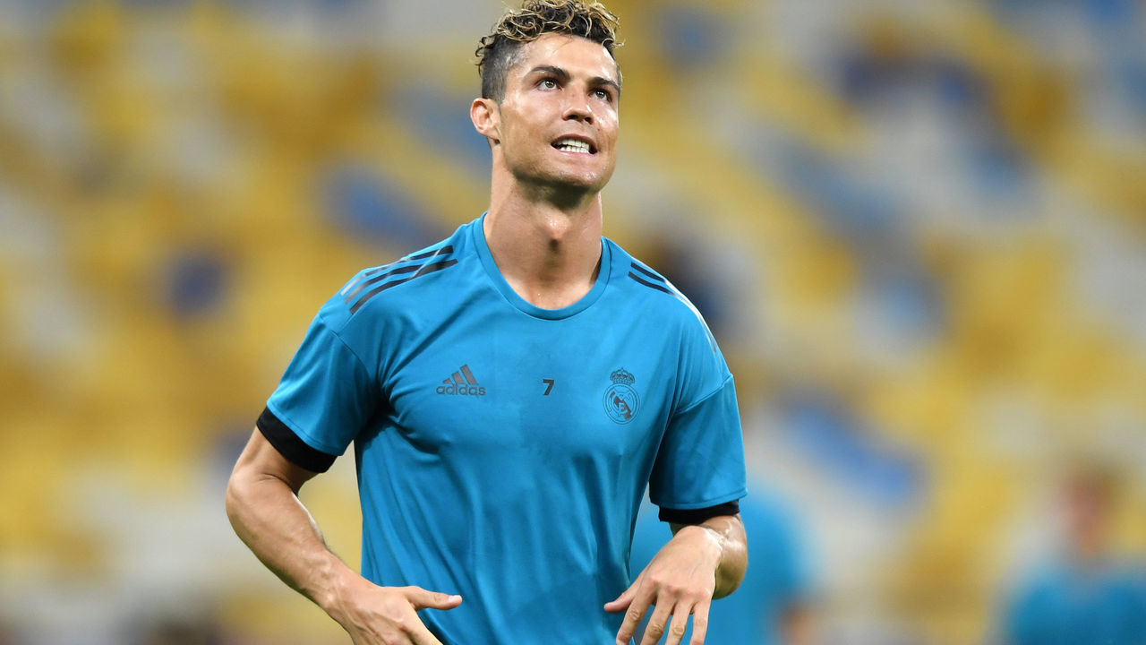 KIEV, UKRAINE - MAY 25: Cristiano Ronaldo of Real Madrid looks on during a Real Madrid training session ahead of the UEFA Champions League Final against Liverpool at NSC Olimpiyskiy Stadium on May 25, 2018 in Kiev, Ukraine.