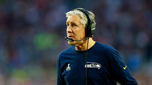 GLENDALE, AZ - FEBRUARY 01: Head coach Pete Carroll of the Seattle Seahawks looks on from the sideline in the second quarter against the New England Patriots during Super Bowl XLIX at University of Phoenix Stadium on February 1, 2015 in Glendale, Arizona.