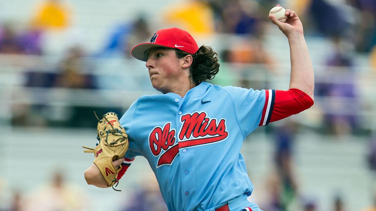 BATON ROUGE, LA - APRIL 15: Ole Miss Black Bears pitcher Ryan Rolison (22) throws a pitch during a game between the LSU Tigers and Ole Miss Black Bears on April 15, 2017, at Alex Box Stadium in Baton Rouge, Louisiana.