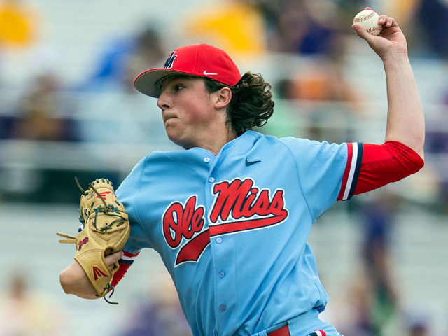 BATON ROUGE, LA - APRIL 15: Ole Miss Black Bears pitcher Ryan Rolison (22) throws a pitch during a game between the LSU Tigers and Ole Miss Black Bears on April 15, 2017, at Alex Box Stadium in Baton Rouge, Louisiana.