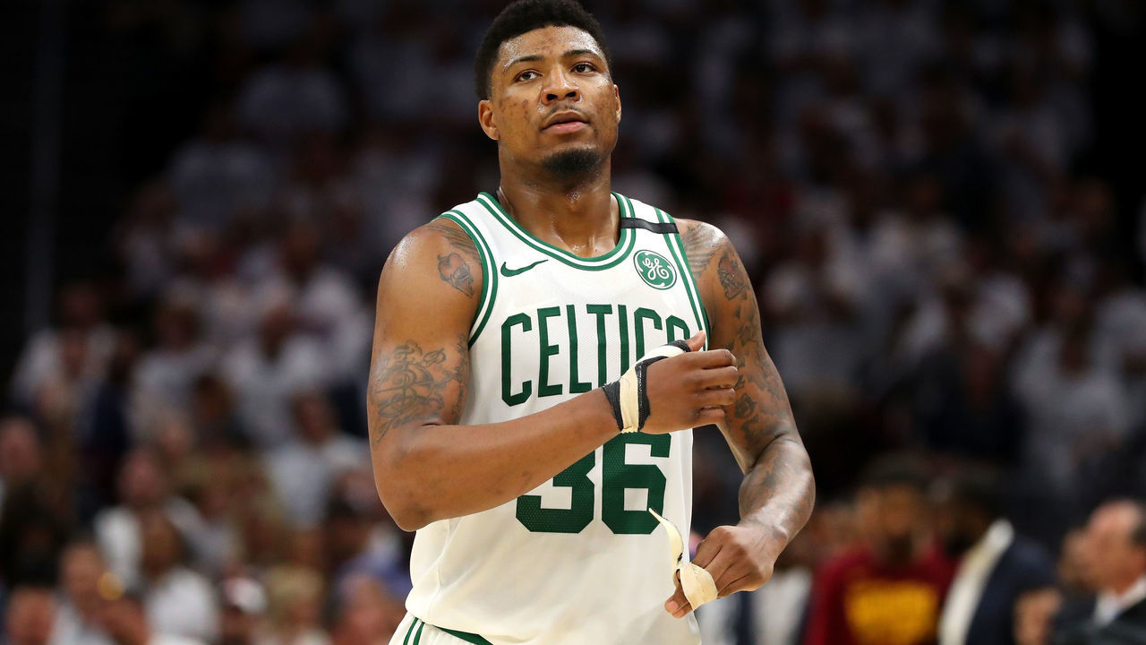 CLEVELAND, OH - MAY 25: Marcus Smart #36 of the Boston Celtics looks on after being defeated by the Cleveland Cavaliers during Game Six of the 2018 NBA Eastern Conference Finals at Quicken Loans Arena on May 25, 2018 in Cleveland, Ohio.