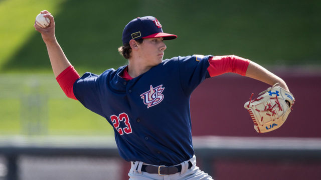 MINNEAPOLIS, MN- AUGUST 23: Cole Winn #23 of the USA Baseball 18U National Team during the national team trials on August 23, 2017 at Siebert Field in Minneapolis, Minnesota.
