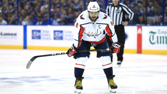TAMPA, FL - MAY 23: Alex Ovechkin #8 of the Washington Capitals looks on against the Tampa Bay Lightning during the first period in Game Seven of the Eastern Conference Finals during the 2018 NHL Stanley Cup Playoffs at Amalie Arena on May 23, 2018 in Tampa, Florida.