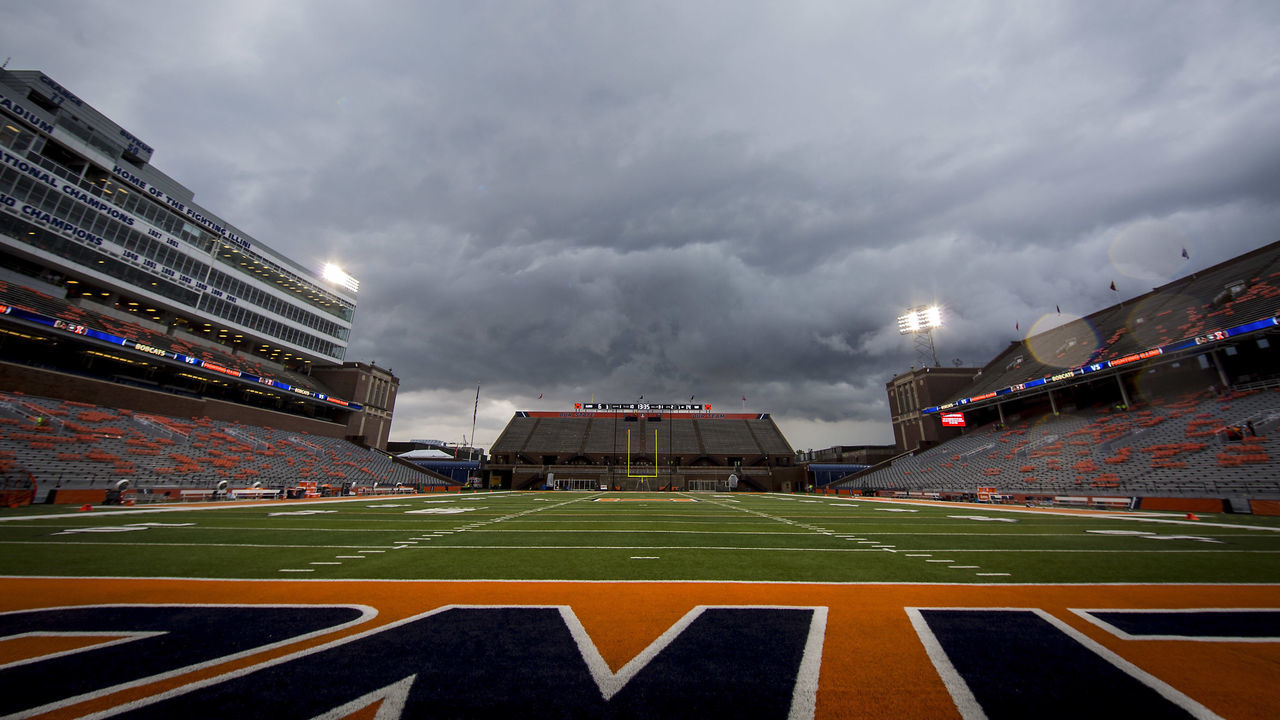 CHAMPAIGN, IL - SEPTEMBER 20: Storm clouds roll in during the game between the Illinois Fighting Illini and Texas State Bobcats at Memorial Stadium on September 20, 2014 in Champaign, Illinois. Play was suspended until the weather passed.