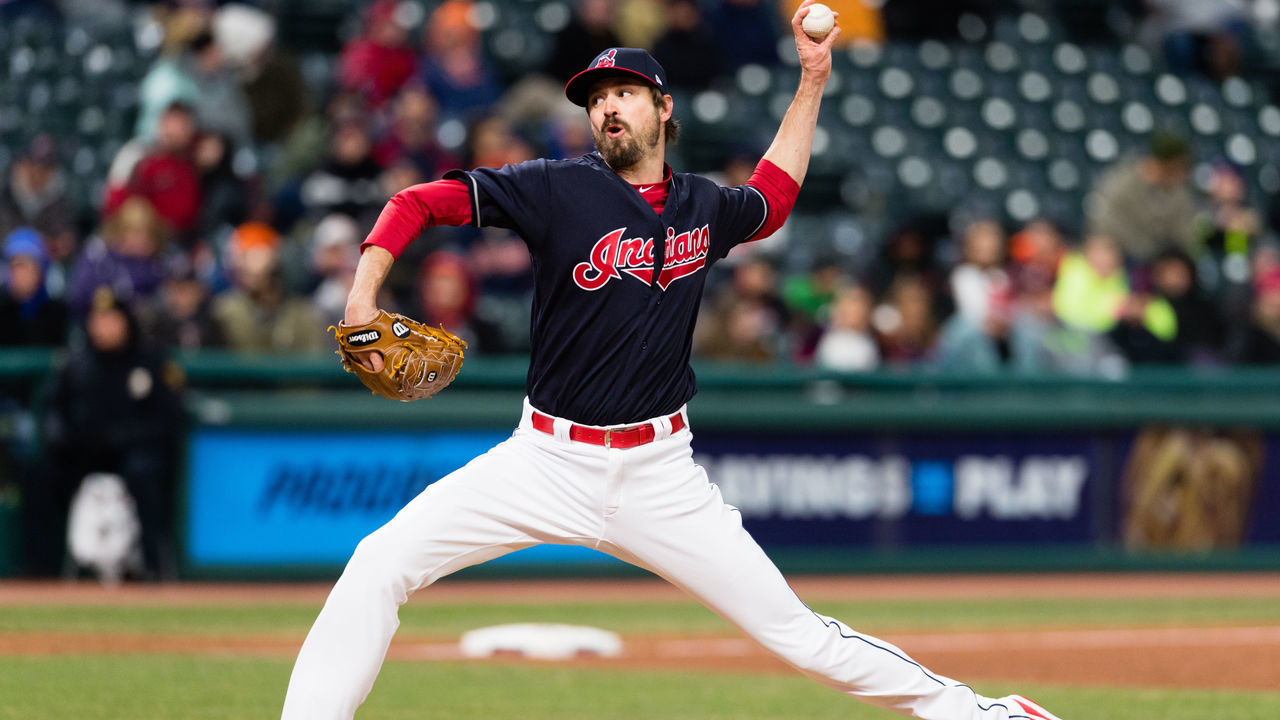 CLEVELAND, OH - APRIL 9: Closing pitcher Andrew Miller #24 of the Cleveland Indians pitches during the ninth inning against the Detroit Tigers at Progressive Field on April 9, 2018 in Cleveland, Ohio. The Indians defeated the Tigers 2-0.