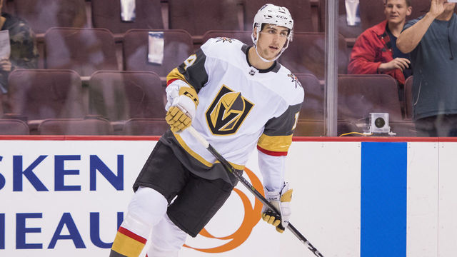 VANCOUVER, BC - SEPTEMBER 17: Nicolas Hague #14 of the Vegas Golden Knights skates before a game against the Vancouver Canucks in NHL pre-season action on September 17, 2017 at Rogers Arena in Vancouver, British Columbia, Canada. *** Local Caption ***