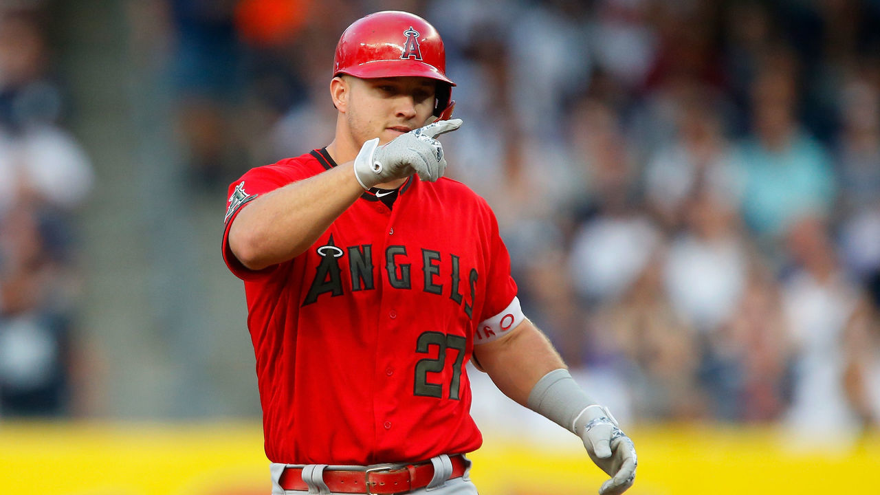 NEW YORK, NY - MAY 26: Mike Trout #27 of the Los Angeles Angels of Anaheim reacts after his first inning RBI double against the New York Yankees at Yankee Stadium on May 26, 2018 in the Bronx borough of New York City.