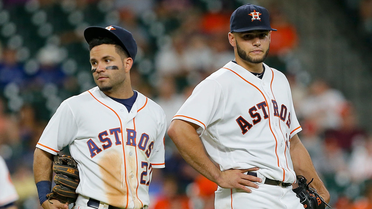 HOUSTON, TX - AUGUST 02: Jose Altuve #27 of the Houston Astros looks to the bench as Lance McCullers #43 of the Houston Astros seems to have some issue in the fifth inning against the Toronto Blue Jays at Minute Maid Park on August 2, 2016 in Houston, Texas.