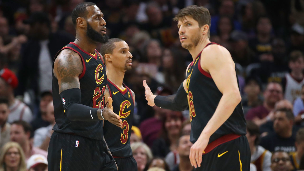 CLEVELAND, OH - MAY 05: LeBron James #23 of the Cleveland Cavaliers celebrates a first half basket with Kyle Korver #26 while playing the Toronto Raptors in Game Three of the Eastern Conference Semifinals during the 2018 NBA Playoffs at Quicken Loans Arena on May 5, 2018 in Cleveland, Ohio.