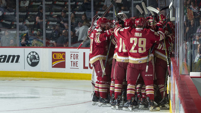 REGINA, SK - MAY 19: Acadie-Bathurst Titan celebrate the overtime win of game two against the Swift Current Broncos at the Brandt Centre on May 19, 2018 in Regina, Canada.