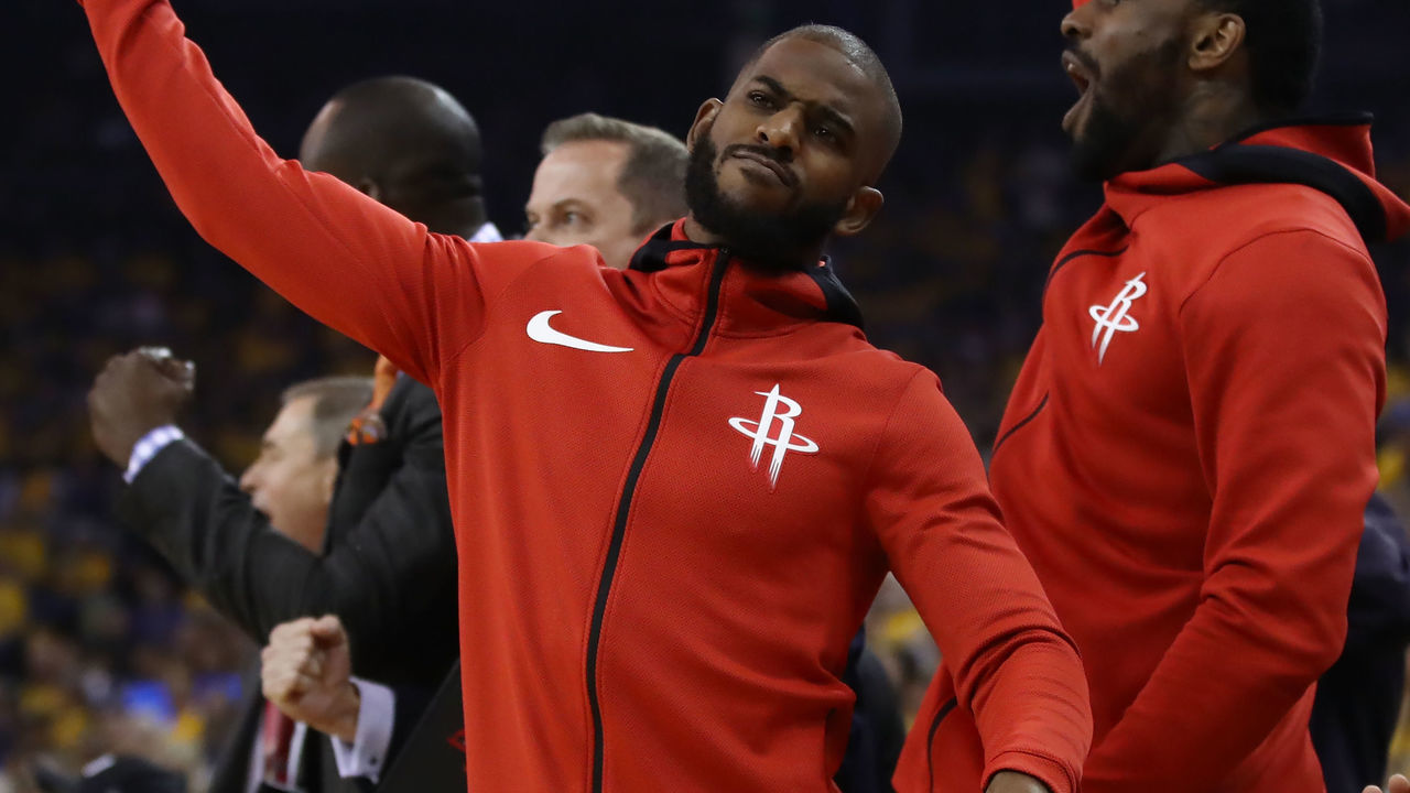 OAKLAND, CA - MAY 26: Chris Paul #3 of the Houston Rockets reacts to a three-point basket against the Golden State Warriors during Game Six of the Western Conference Finals in the 2018 NBA Playoffs at ORACLE Arena on May 26, 2018 in Oakland, California.