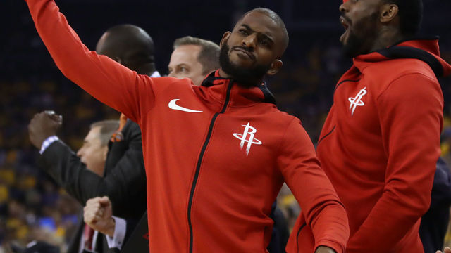 OAKLAND, CA - MAY 26: Chris Paul #3 of the Houston Rockets reacts to a three-point basket against the Golden State Warriors during Game Six of the Western Conference Finals in the 2018 NBA Playoffs at ORACLE Arena on May 26, 2018 in Oakland, California.