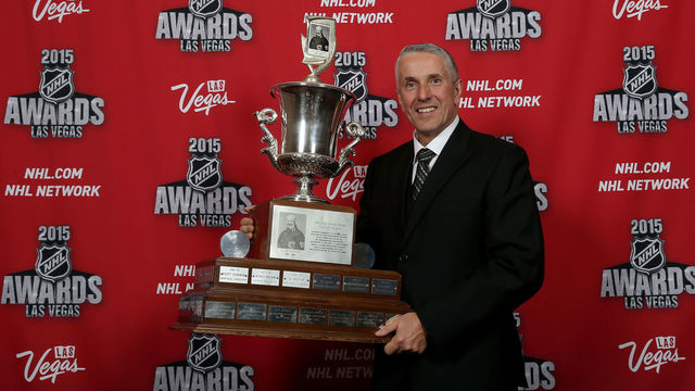 LAS VEGAS, NV - JUNE 24: Head coach Bob Hartley of the Calgary Flames poses in the press room after winning the Jack Adams Award at the 2015 NHL Awards at MGM Grand Garden Arena on June 24, 2015 in Las Vegas, Nevada.