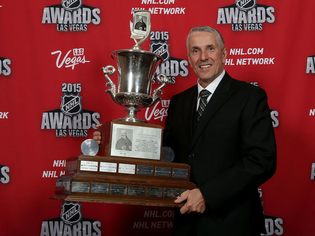 LAS VEGAS, NV - JUNE 24: Head coach Bob Hartley of the Calgary Flames poses in the press room after winning the Jack Adams Award at the 2015 NHL Awards at MGM Grand Garden Arena on June 24, 2015 in Las Vegas, Nevada.