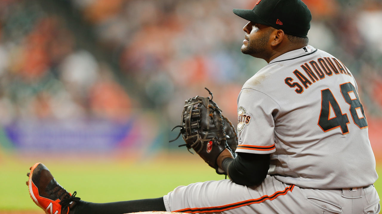 HOUSTON, TX - MAY 23: Pablo Sandoval #48 of the San Francisco Giants sits near first base after makeing a play in the eighth inning against the Houston Astros at Minute Maid Park on May 23, 2018 in Houston, Texas.