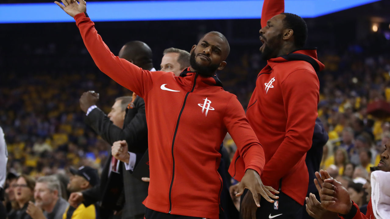 OAKLAND, CA - MAY 26: Chris Paul #3 of the Houston Rockets reacts to a three-point basket against the Golden State Warriors during Game Six of the Western Conference Finals in the 2018 NBA Playoffs at ORACLE Arena on May 26, 2018 in Oakland, California.