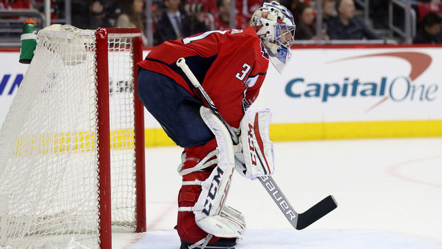 WASHINGTON, DC - APRIL 15: Goalie Philipp Grubauer #31 of the Washington Capitals follows the puck against the Columbus Blue Jackets during Game Two of the Eastern Conference First Round during the 2018 NHL Stanley Cup Playoffs at Capital One Arena on April 15, 2018 in Washington, DC.