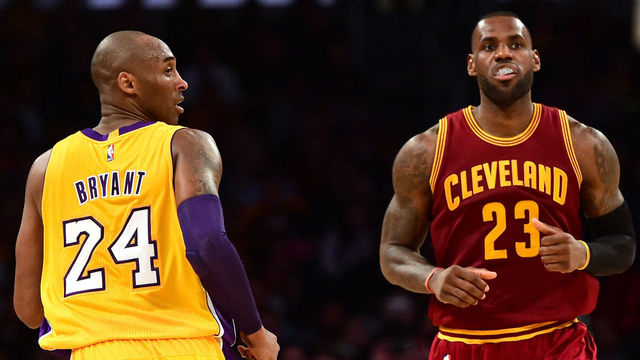LOS ANGELES, CA - MARCH 10: LeBron James #23 of the Cleveland Cavaliers and Kobe Bryant #24 of the Los Angeles Lakers match up during the first half at Staples Center on March 10, 2016 in Los Angeles, California. NOTE TO USER: User expressly acknowledges and agrees that, by downloading and or using this Photograph, user is consenting to the terms and condition of the Getty Images License Agreement.