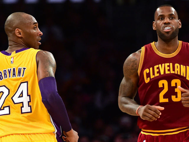 LOS ANGELES, CA - MARCH 10: LeBron James #23 of the Cleveland Cavaliers and Kobe Bryant #24 of the Los Angeles Lakers match up during the first half at Staples Center on March 10, 2016 in Los Angeles, California. NOTE TO USER: User expressly acknowledges and agrees that, by downloading and or using this Photograph, user is consenting to the terms and condition of the Getty Images License Agreement.