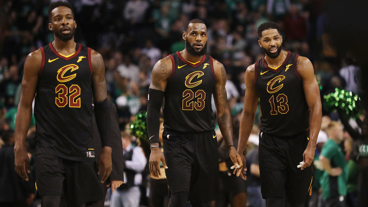 BOSTON, MA - MAY 27: (L-R) Jeff Green #32, LeBron James #23 and Tristan Thompson #13 of the Cleveland Cavaliers look on in the first half against the Boston Celtics during Game Seven of the 2018 NBA Eastern Conference Finals at TD Garden on May 27, 2018 in Boston, Massachusetts.