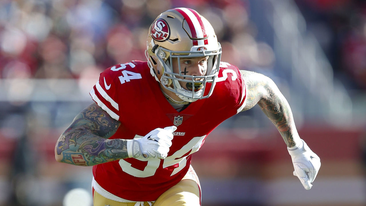 SANTA CLARA, CA - DECEMBER 17: Cassius Marsh #54 of the San Francisco 49ers defends during the game against the Tennessee Titans at Levi's Stadium on December 17, 2017 in Santa Clara, California. The 49ers defeated the Titans 25-23.
