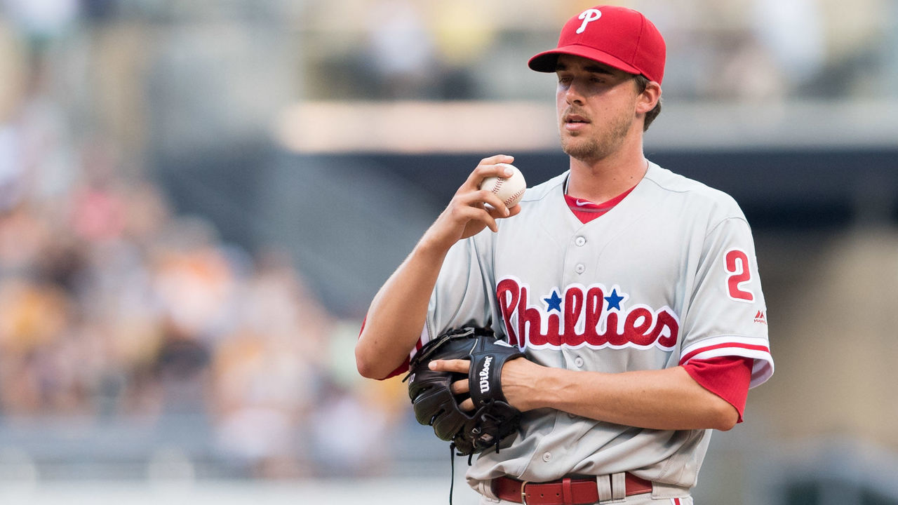 PITTSBURGH, PA - JULY 23: Aaron Nola #27 of the Philadelphia Phillies reacts after allowing a two run single to Gregory Polanco #25 of the Pittsburgh Pirates in the fifth inning during the game at PNC Park on July 23, 2016 in Pittsburgh, Pennsylvania.