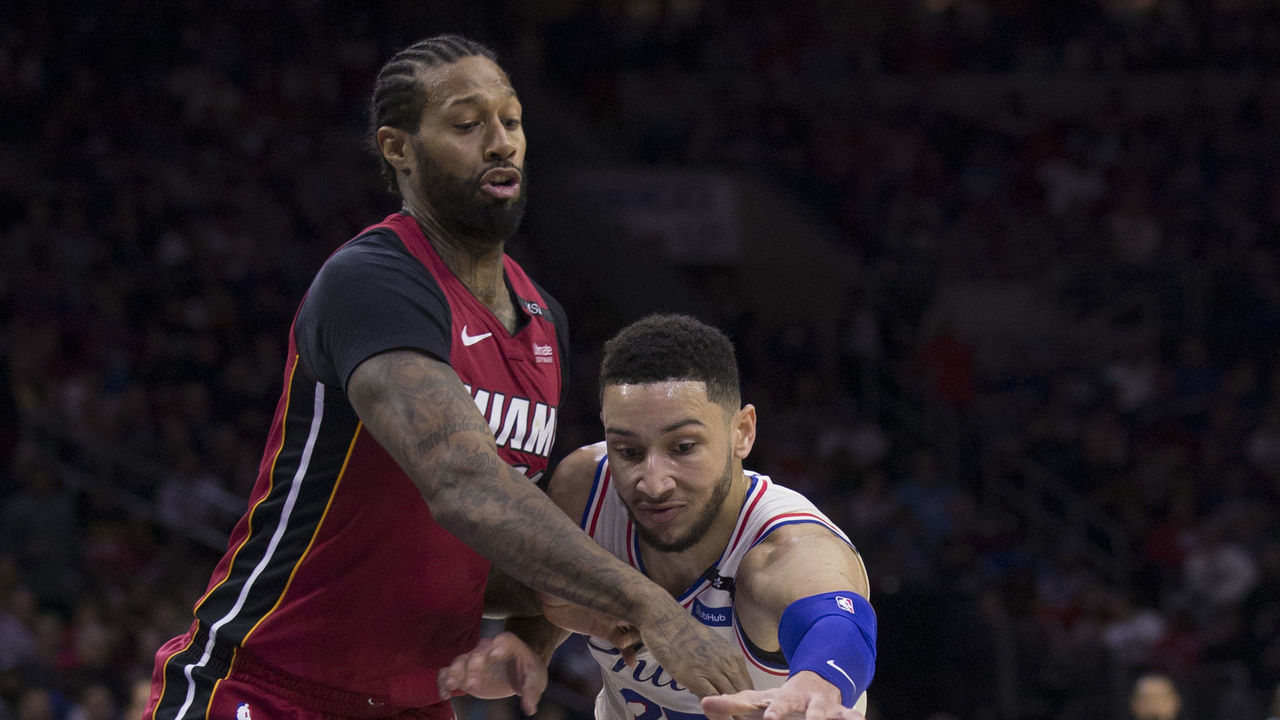 PHILADELPHIA, PA - APRIL 16: Ben Simmons #25 of the Philadelphia 76ers drives to the basket against James Johnson #16 of the Miami Heat in the second quarter during Game Two of the first round of the 2018 NBA Playoff at Wells Fargo Center on April 16, 2018 in Philadelphia, Pennsylvania.
