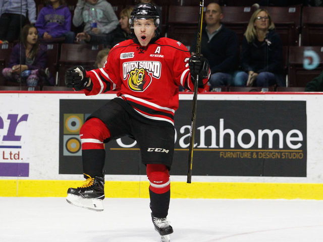 WINDSOR, ON - NOVEMBER 17: Forward Petrus Palmu #25 of the Owen Sound Attack celebrates his game-winning overtime goal against the Windsor Spitfires to make it 3-2 for Owen Sound on November 17, 2016 at the WFCU Centre in Windsor, Ontario, Canada.