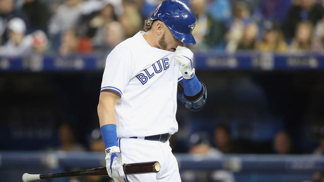 TORONTO, ON - MARCH 30: Josh Donaldson #20 of the Toronto Blue Jays reacts after striking out in the first inning during MLB game action against the New York Yankees at Rogers Centre on March 30, 2018 in Toronto, Canada.