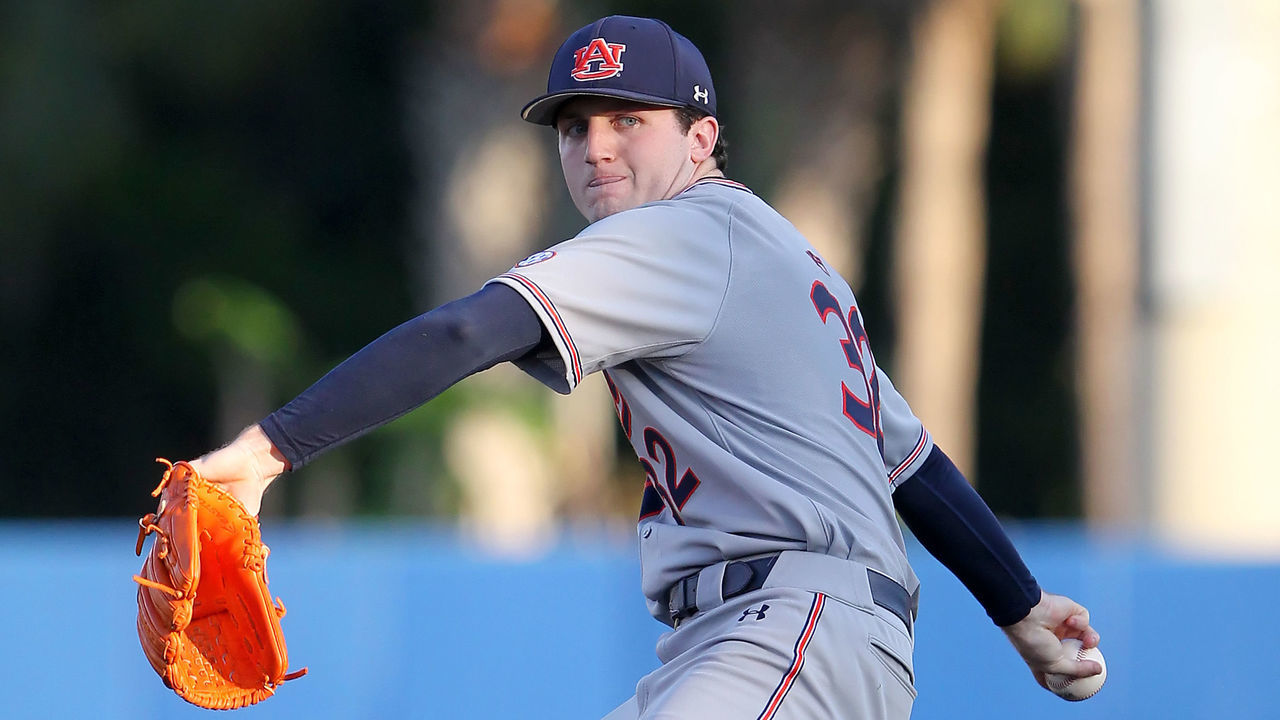GAINESVILLE, FL - APRIL 26: Casey Mize (32) of Auburn delivers a pitch to the plate during the college baseball game between the No. 22 Auburn Tigers and the No. 1 Florida Gators on April 26, 2018 at Alfred A. McKethan Stadium in Gainesville, Florida.
