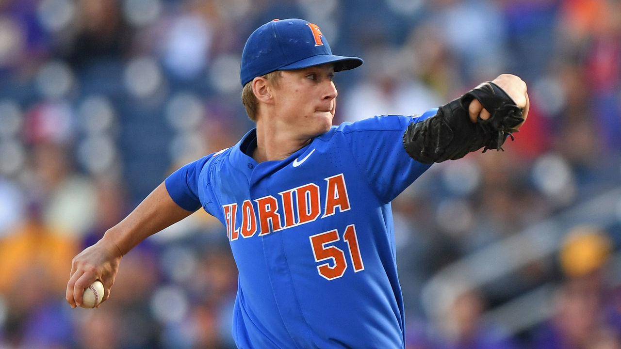 Omaha, NE - JUNE 26: Pitcher Brady Singer #51 of the Florida Gators delivers a pitch against the LSU Tigers in the first inning during game one of the College World Series Championship Series on June 26, 2017 at TD Ameritrade Park in Omaha, Nebraska.