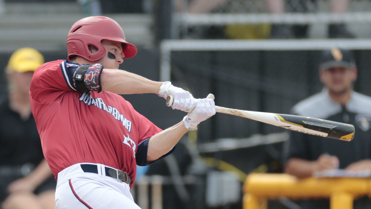 HATTIESBURG, MS - JUNE 04: South Alabama Jaguars outfielder Travis Swaggerty (21) during an NCAA Division I Regional baseball game between the University Illinois-Chicago Flames and the Mississippi State Bulldogs on June 04, 2017 at Pete Taylor Park, Hattiesburg, MS.