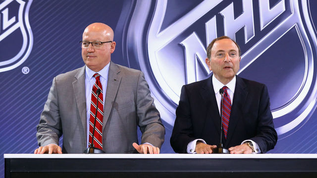 LAS VEGAS, NV - JUNE 22: (l-r) Deputy Commissioner Bill Daly and Commissioner Gary Bettman address the media during the Board Of Governors Press Conference prior to the 2016 NHL Awards at Encore Las Vegas on June 22, 2016 in Las Vegas, Nevada.